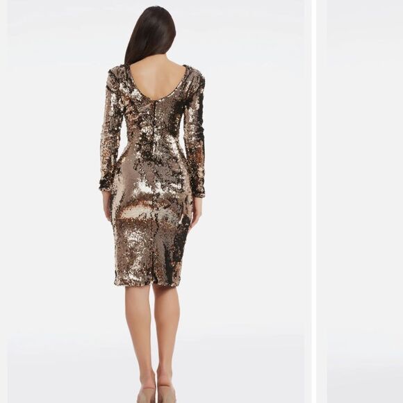 Dress The Population Natalie Long Sleep Low Back Sequin Dress Gold, Size XL, NWT - Picture 2 of 14